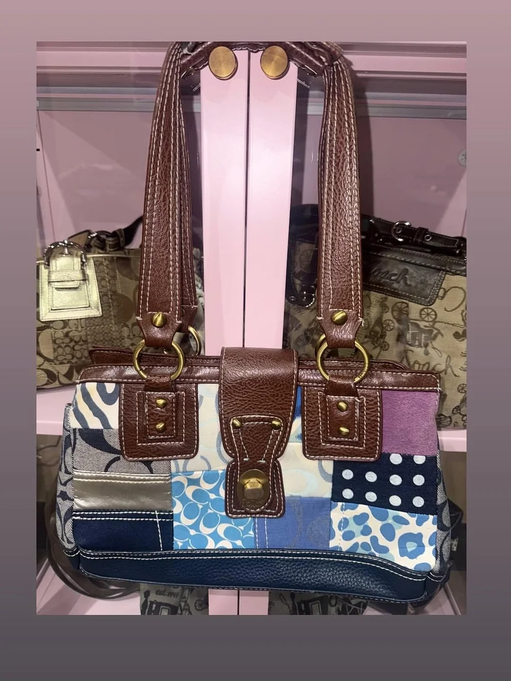 Patchwork Blue & Brown Leather-Accent Women's Shoulder Bag Coach - Picture 1 of 1